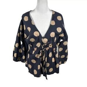 ASOS Navy Cream Polka Dot 3/4 Sleeve Top Blouse Shirt 6 Small Casual Tie Waist